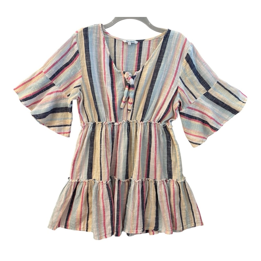 Blue Island Dress Mini Large‎ White Multi Striped Gauze Cotton Tiered Tie Neck